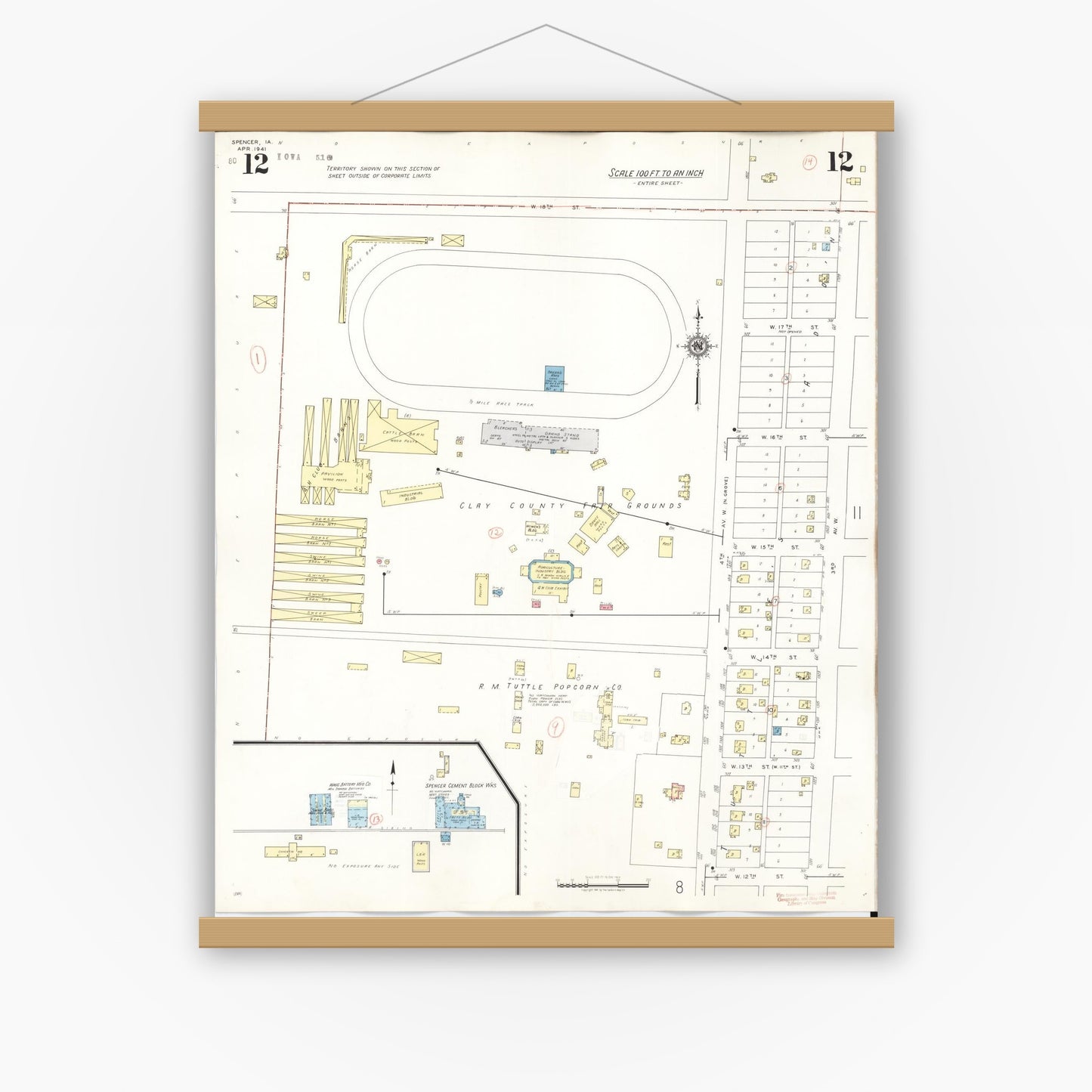 Old map wall art mockup — magnetic wood frame on white wall — Sanborn Fire Insurance Map from Spencer, Clay County, Iowa (1946), Sheet #0012