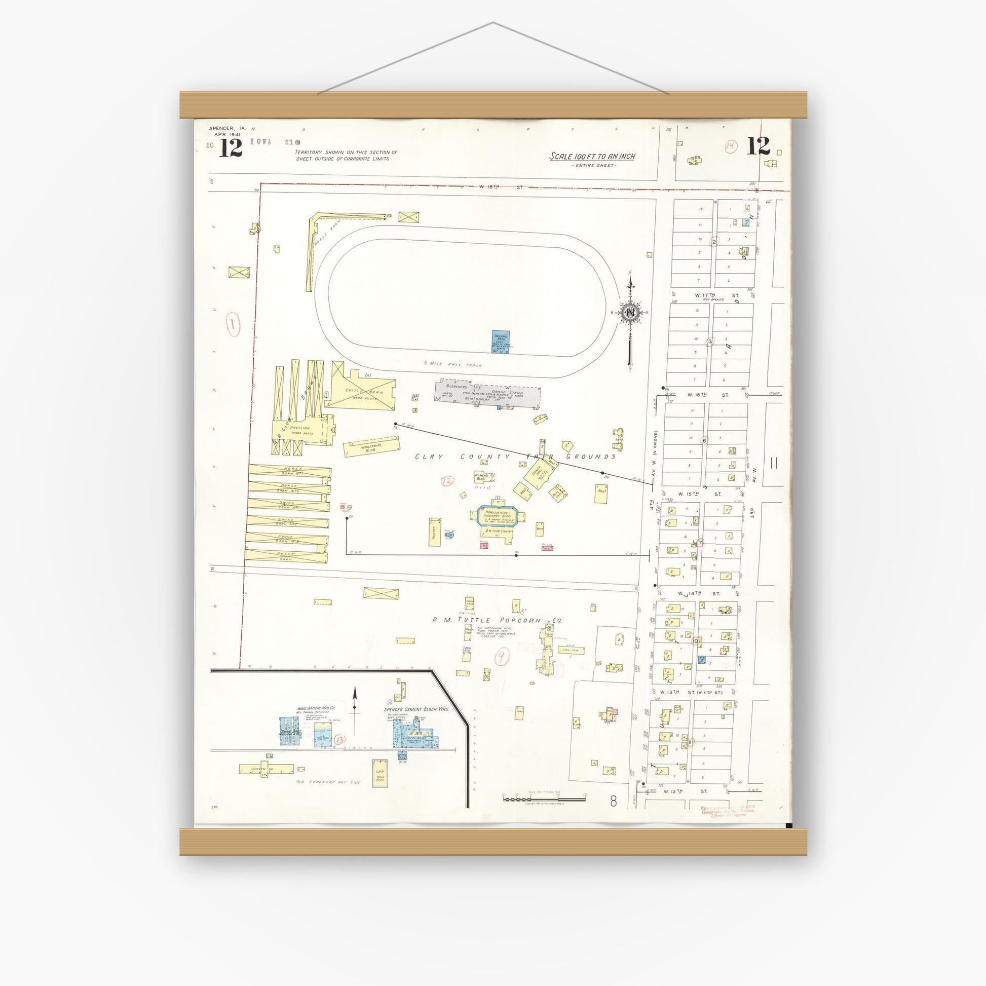 Old map wall art mockup — magnetic wood frame on white wall — Sanborn Fire Insurance Map from Spencer, Clay County, Iowa (1946), Sheet #0012