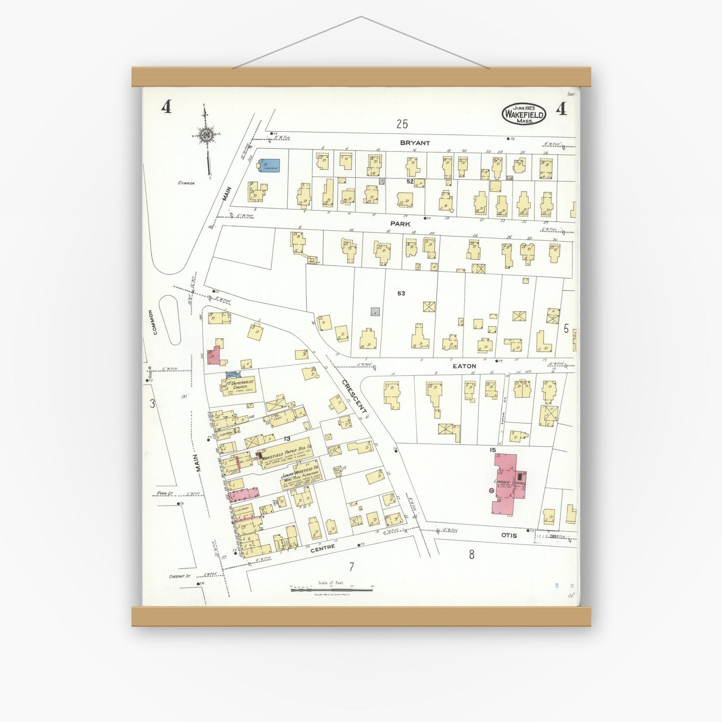 Old map wall art mockup — magnetic wood frame on white wall — Sanborn Fire Insurance Map from Wakefield, Middlesex County, Massachusetts (1923), Sheet #0004