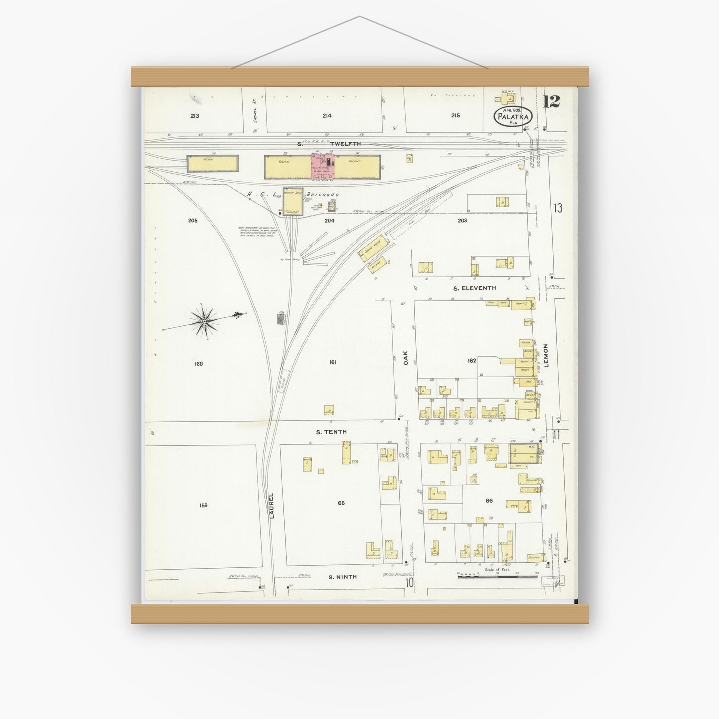 Old map wall art mockup — magnetic wood frame on white wall — Sanborn Fire Insurance Map from Palatka, Putnam County, Florida (1909), Sheet #0012