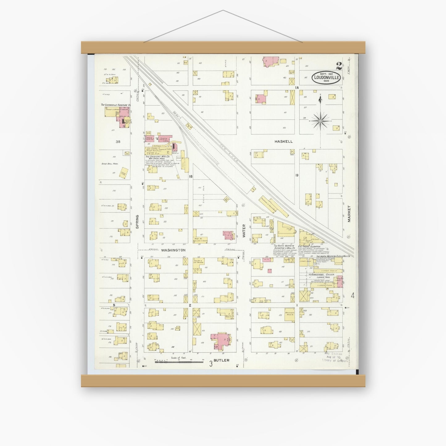 Old map wall art mockup — magnetic wood frame on white wall — Sanborn Fire Insurance Map from Loudonville, Ashland County, Ohio (1907), Sheet #0002