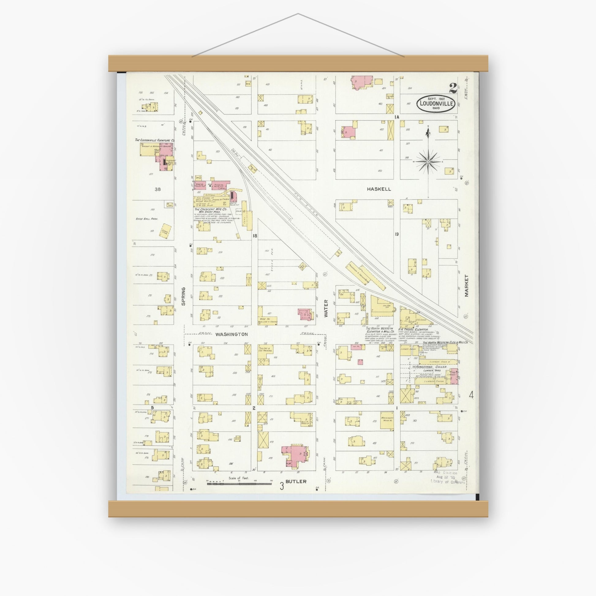 Old map wall art mockup — magnetic wood frame on white wall — Sanborn Fire Insurance Map from Loudonville, Ashland County, Ohio (1907), Sheet #0002