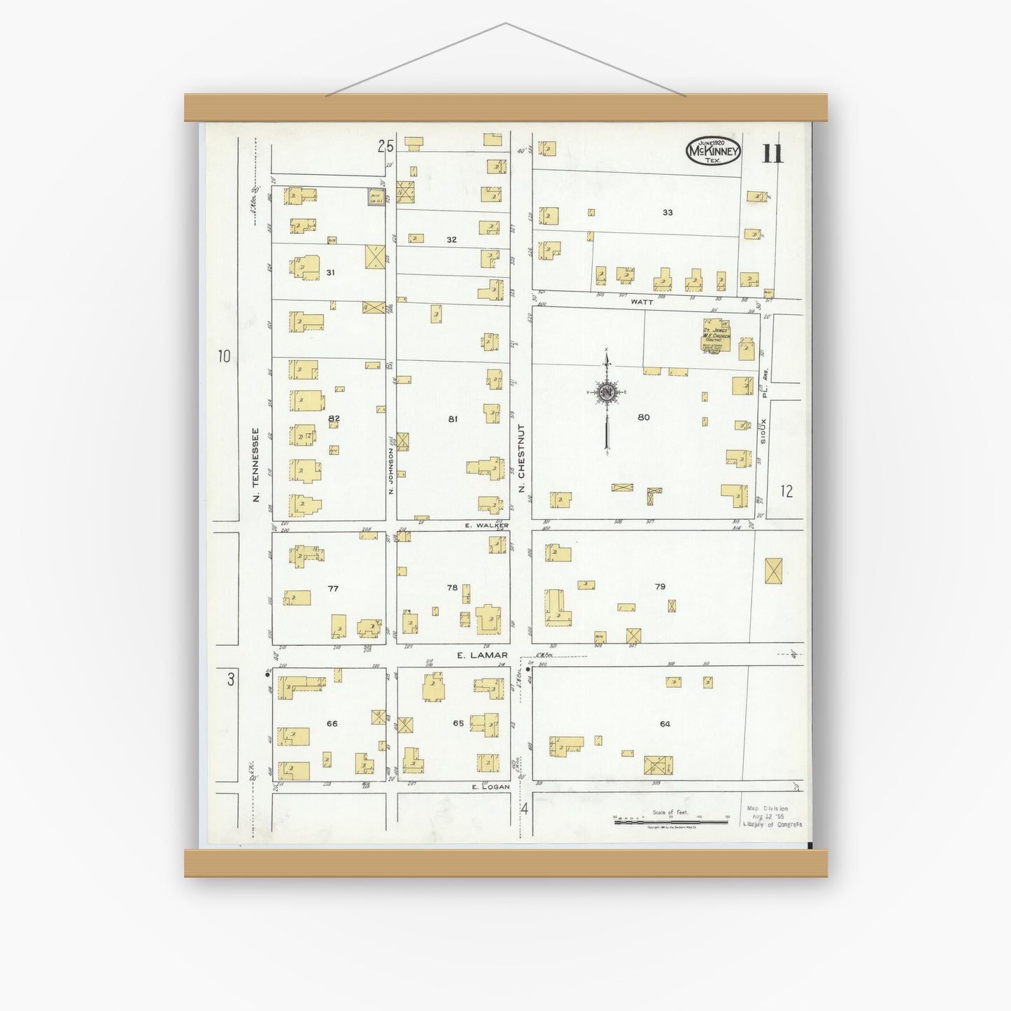 Old map wall art mockup — magnetic wood frame on white wall — Sanborn Fire Insurance Map from McKinney, Collin County, Texas (1920), Sheet #0011