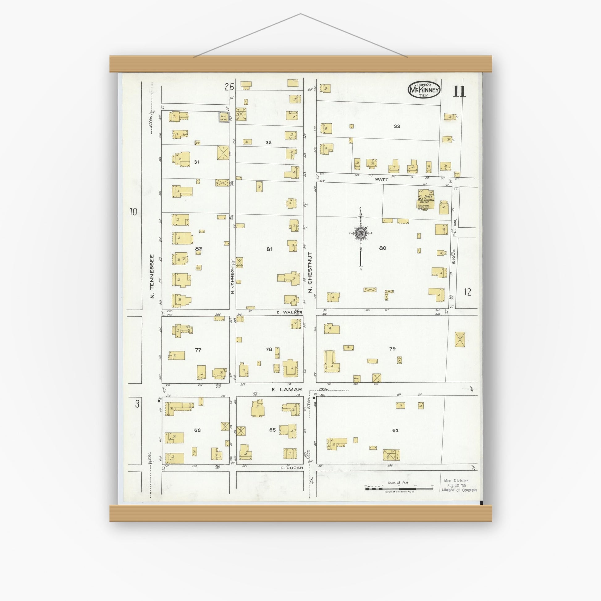 Old map wall art mockup — magnetic wood frame on white wall — Sanborn Fire Insurance Map from McKinney, Collin County, Texas (1920), Sheet #0011