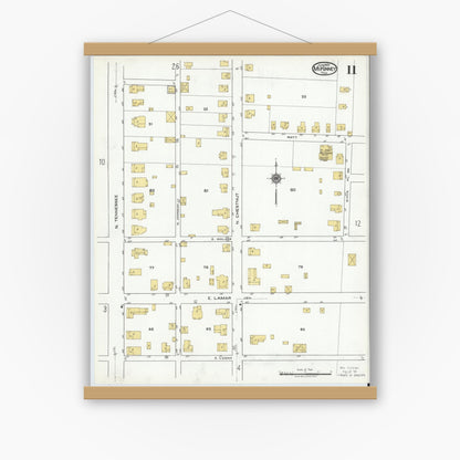 Old map wall art mockup — magnetic wood frame on white wall — Sanborn Fire Insurance Map from McKinney, Collin County, Texas (1920), Sheet #0011