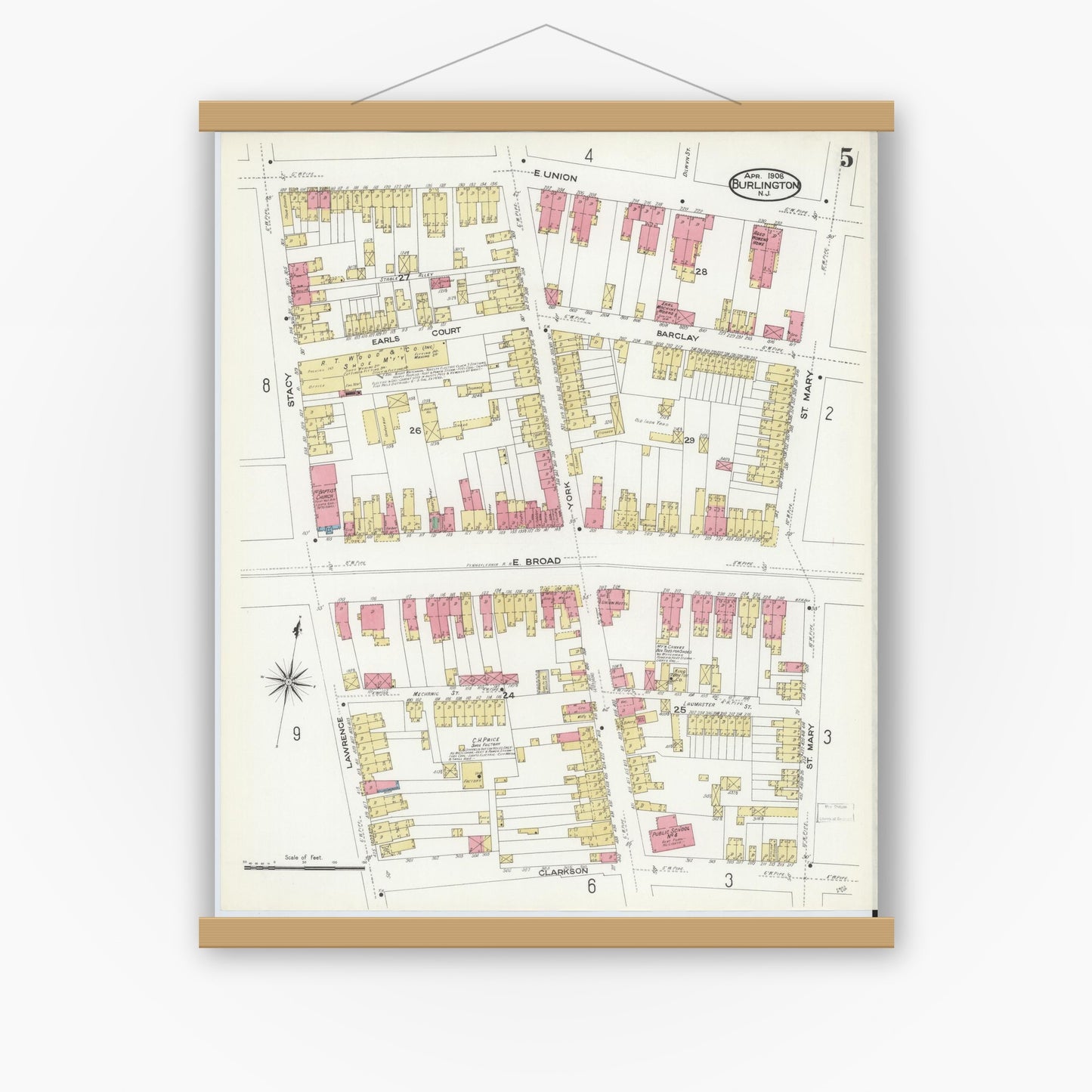 Old map wall art mockup — magnetic wood frame on white wall — Sanborn Fire Insurance Map from Burlington, Burlington County, New Jersey (1908), Sheet #0004