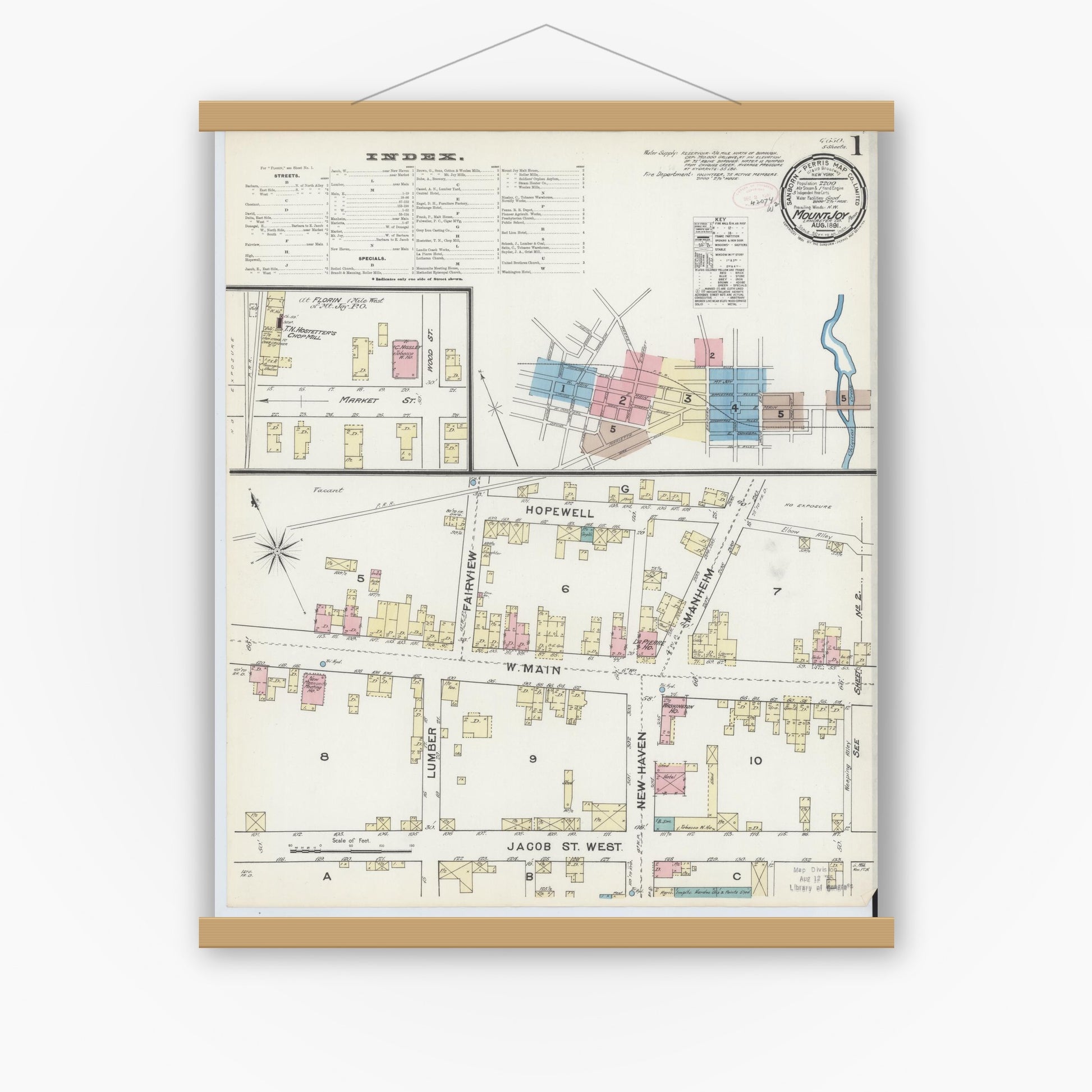 Old map wall art mockup — magnetic wood frame on white wall — Sanborn Fire Insurance Map from Mount Joy, Lancaster County, Pennsylvania (1891), Sheet #0001