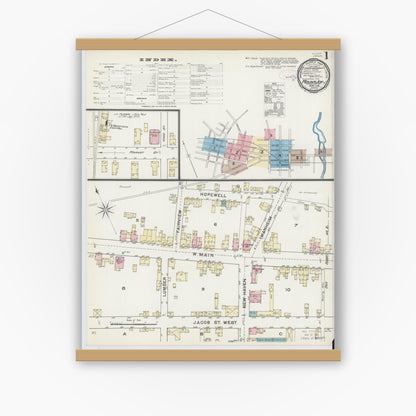 Old map wall art mockup — magnetic wood frame on white wall — Sanborn Fire Insurance Map from Mount Joy, Lancaster County, Pennsylvania (1891), Sheet #0001