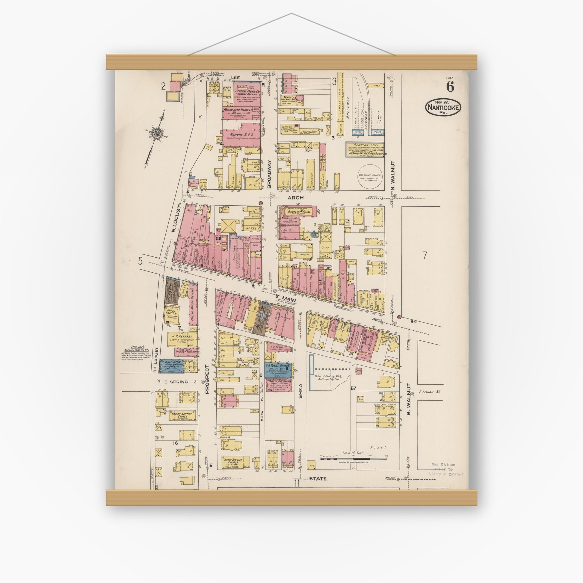 Old map wall art mockup — magnetic wood frame on white wall — Sanborn Fire Insurance Map from Nanticoke, Luzerne County, Pennsylvania (1920), Sheet #0006
