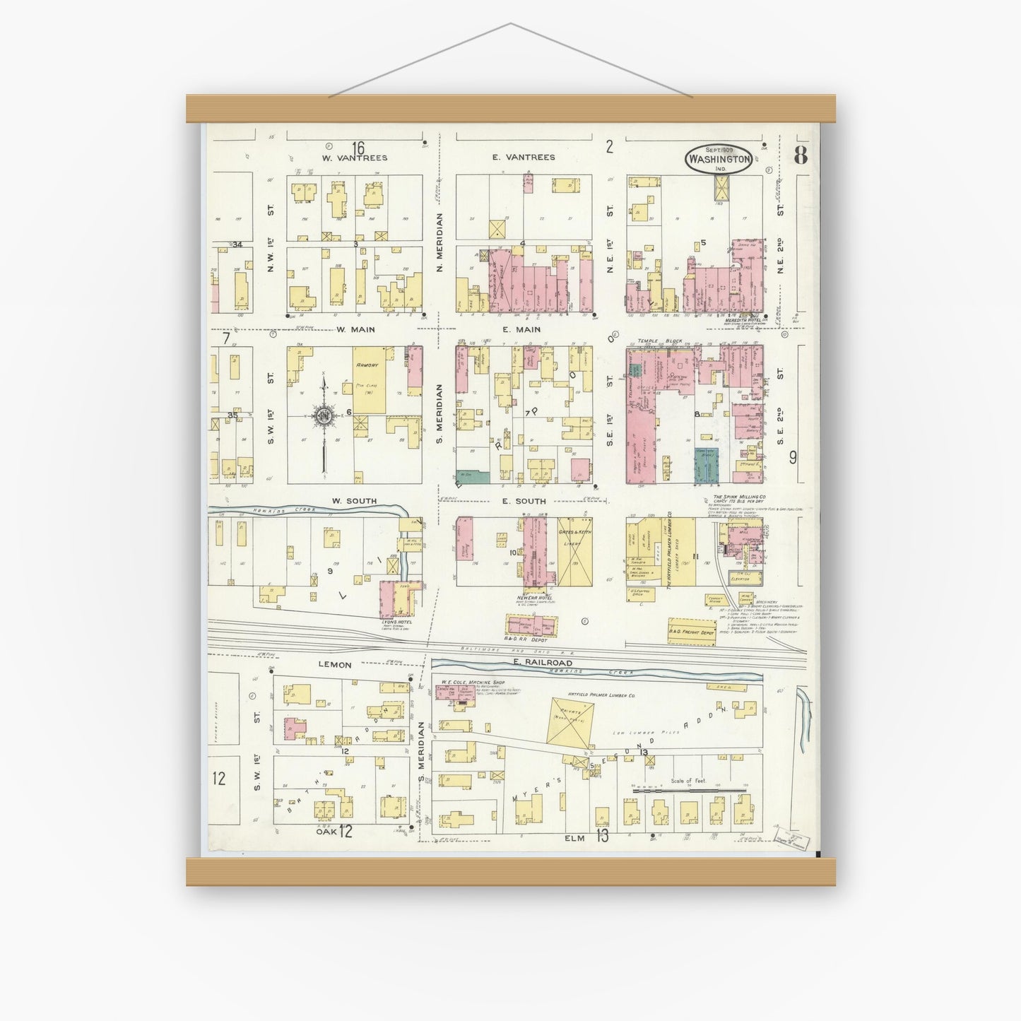 Old map wall art mockup — magnetic wood frame on white wall — Sanborn Fire Insurance Map from Washington, Daviess County, Indiana (1909), Sheet #0008