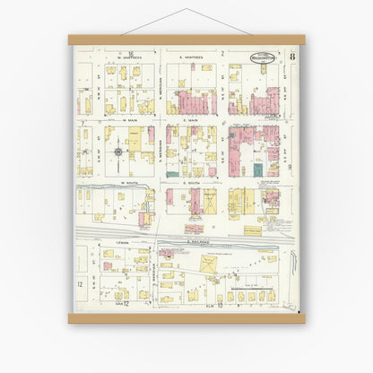 Old map wall art mockup — magnetic wood frame on white wall — Sanborn Fire Insurance Map from Washington, Daviess County, Indiana (1909), Sheet #0008