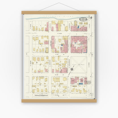 Old map wall art mockup — magnetic wood frame on white wall — Sanborn Fire Insurance Map from Beardstown, Cass County, Illinois (1919), Sheet #0004