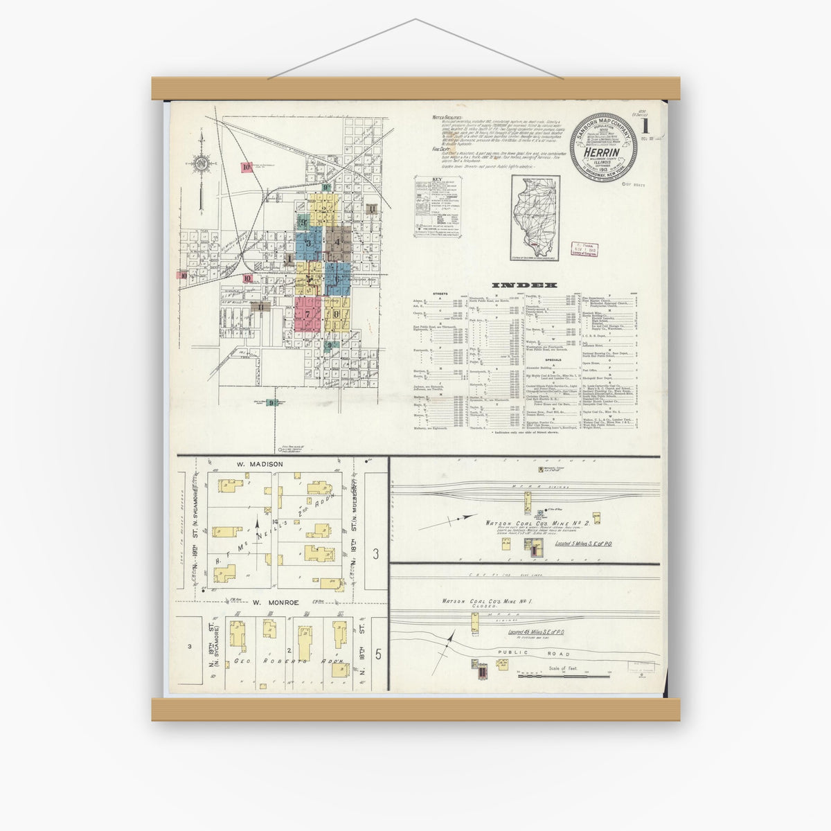 Old map wall art mockup — magnetic wood frame on white wall — Sanborn Fire Insurance Map from Herrin, Williamson County, Illinois (1913) - Complete Map Set