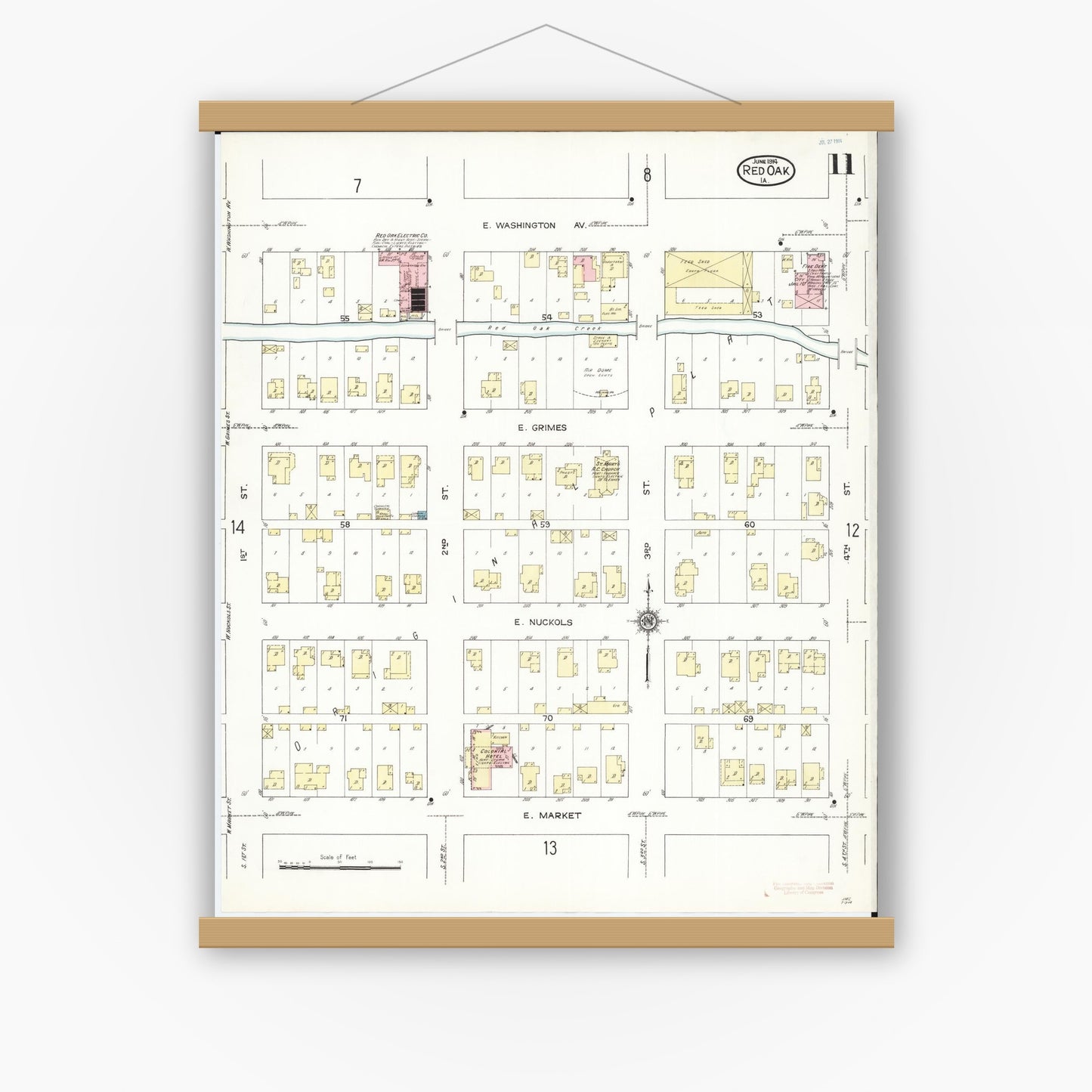 Old map wall art mockup — magnetic wood frame on white wall — Sanborn Fire Insurance Map from Red Oak, Montgomery County, Iowa (1914), Sheet #0011
