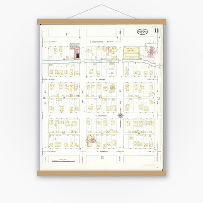 Old map wall art mockup — magnetic wood frame on white wall — Sanborn Fire Insurance Map from Red Oak, Montgomery County, Iowa (1914), Sheet #0011