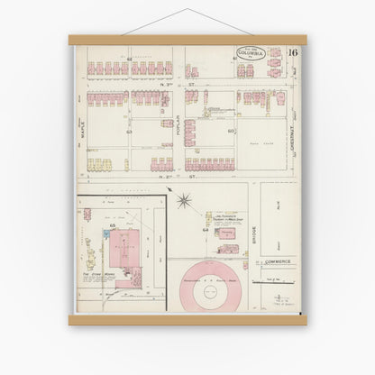 Old map wall art mockup — magnetic wood frame on white wall — Sanborn Fire Insurance Map from Columbia, Lancaster County, Pennsylvania (1886), Sheet #0016
