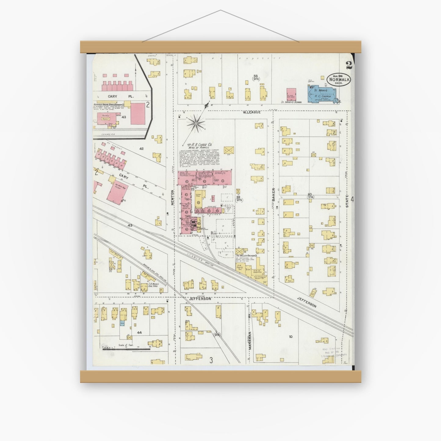 Old map wall art mockup — magnetic wood frame on white wall — Sanborn Fire Insurance Map from Norwalk, Huron County, Ohio (1906), Sheet #0002