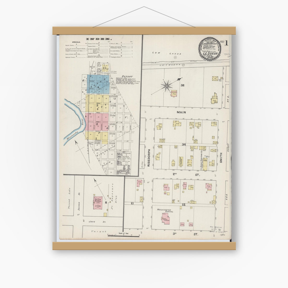 Old map wall art mockup — magnetic wood frame on white wall — Sanborn Fire Insurance Map from Le Sueur, Le Sueur County, Minnesota (1890) - Complete Map Set