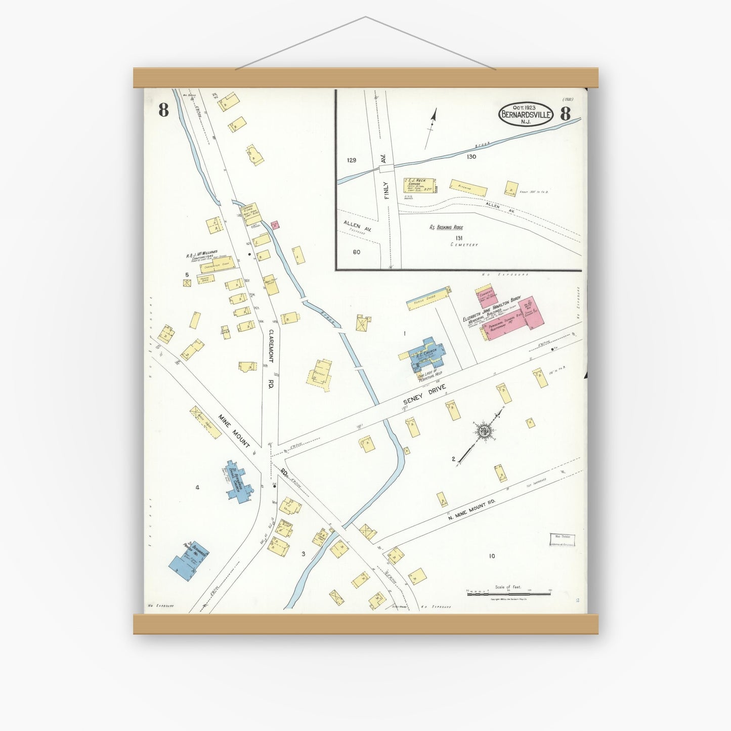 Old map wall art mockup — magnetic wood frame on white wall — Sanborn Fire Insurance Map from Bernardsville, Somerset County, New Jersey (1923), Sheet #0008