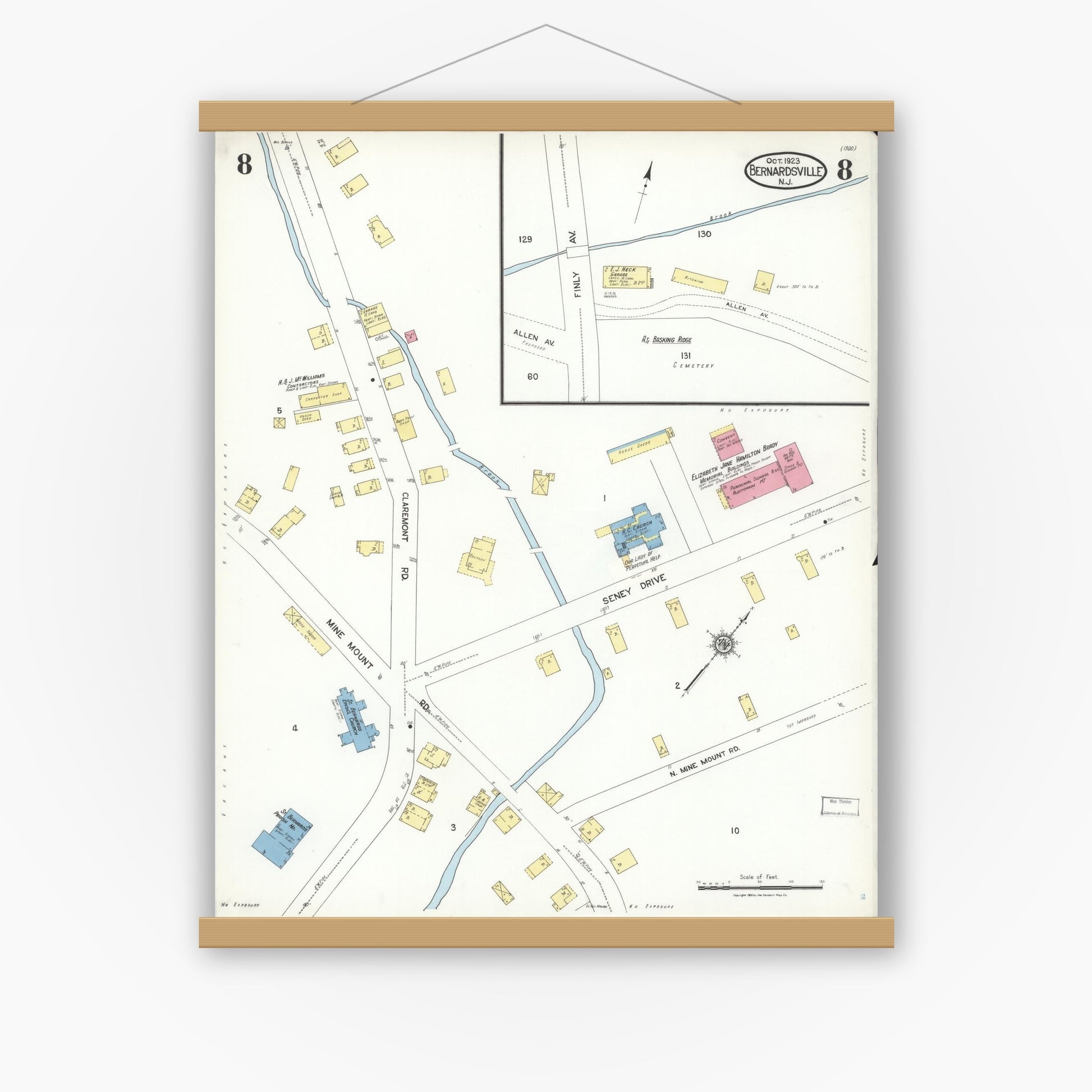 Old map wall art mockup — magnetic wood frame on white wall — Sanborn Fire Insurance Map from Bernardsville, Somerset County, New Jersey (1923), Sheet #0008