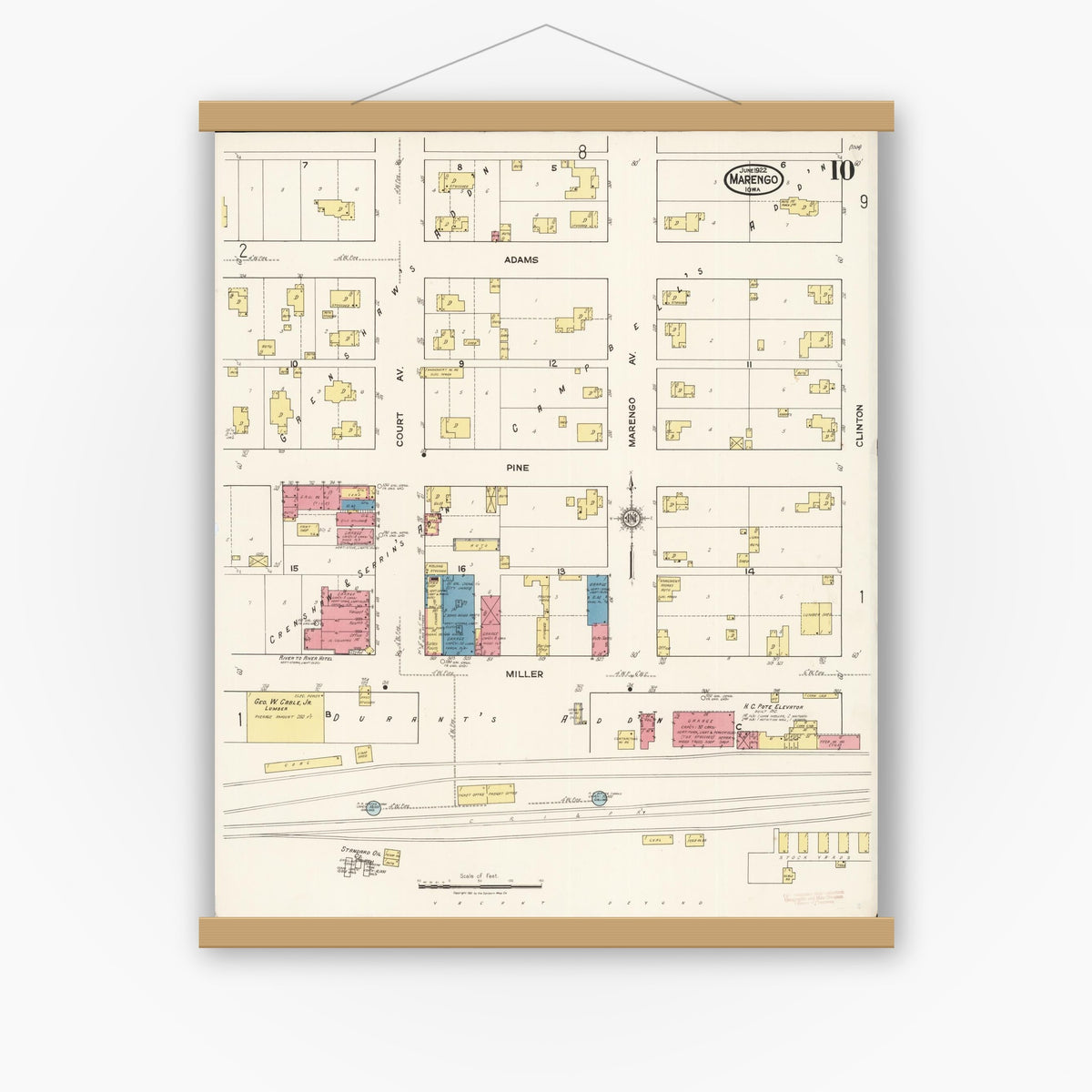 Old map wall art mockup — magnetic wood frame on white wall — Sanborn Fire Insurance Map from Marengo, Iowa County, Iowa (1922), Sheet #0010