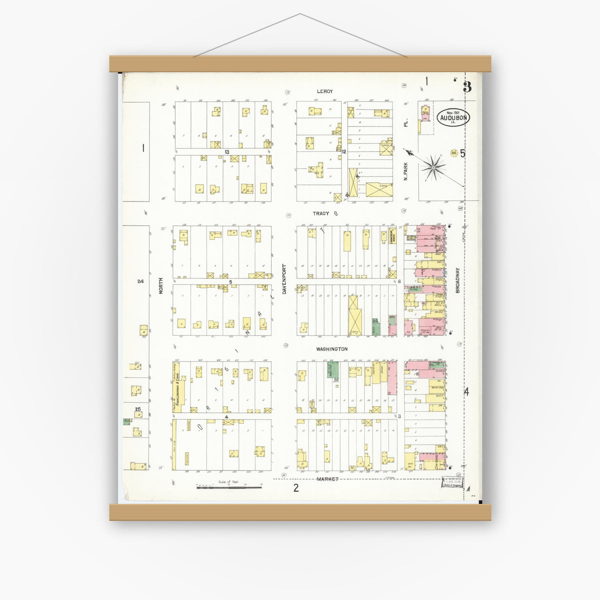 Old map wall art mockup — magnetic wood frame on white wall — Sanborn Fire Insurance Map from Audubon, Audubon County, Iowa (1901), Sheet #0003