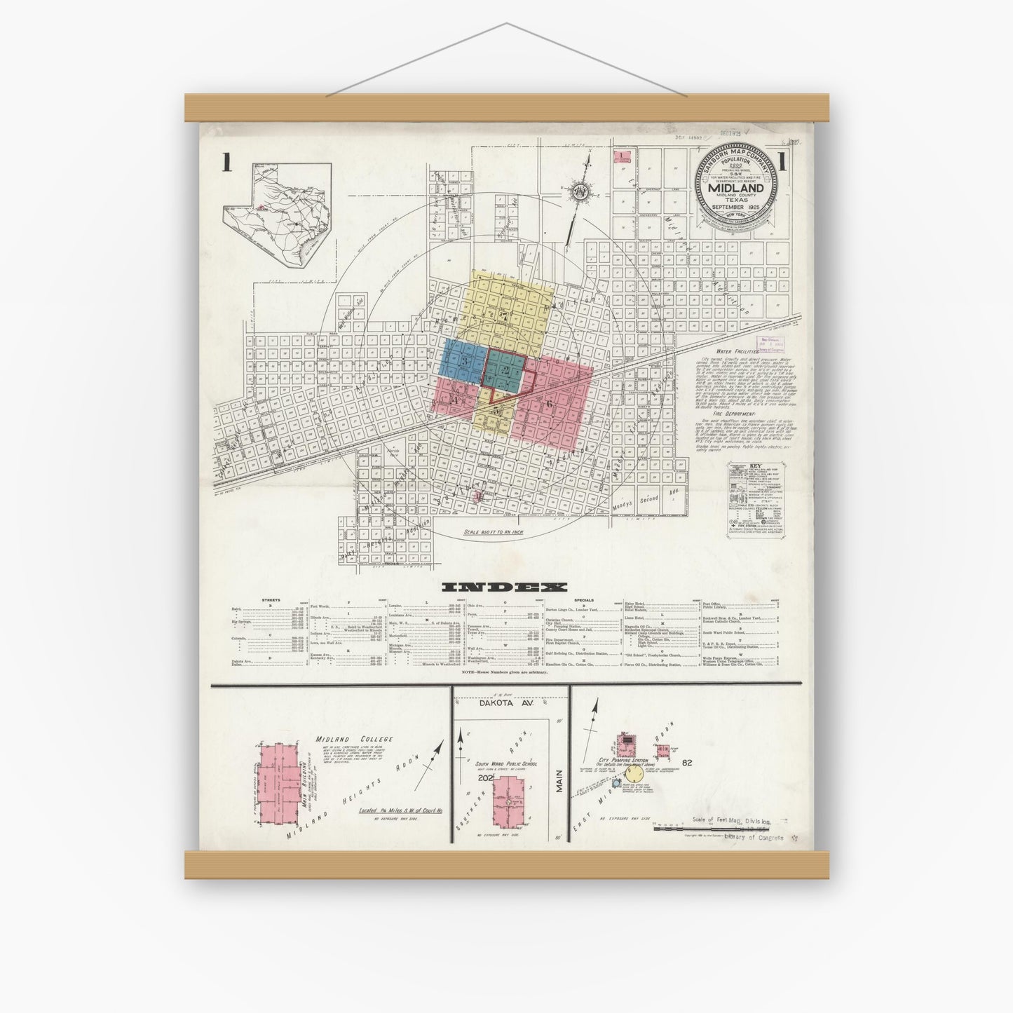 Old map wall art mockup — magnetic wood frame on white wall — Sanborn Fire Insurance Map from Midland, Midland County, Texas (1925) - Complete Map Set