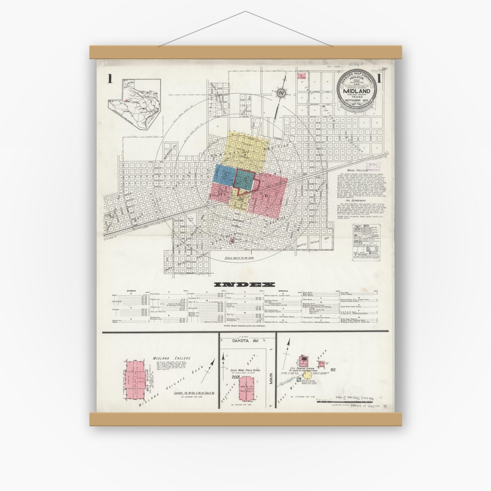Old map wall art mockup — magnetic wood frame on white wall — Sanborn Fire Insurance Map from Midland, Midland County, Texas (1925) - Complete Map Set