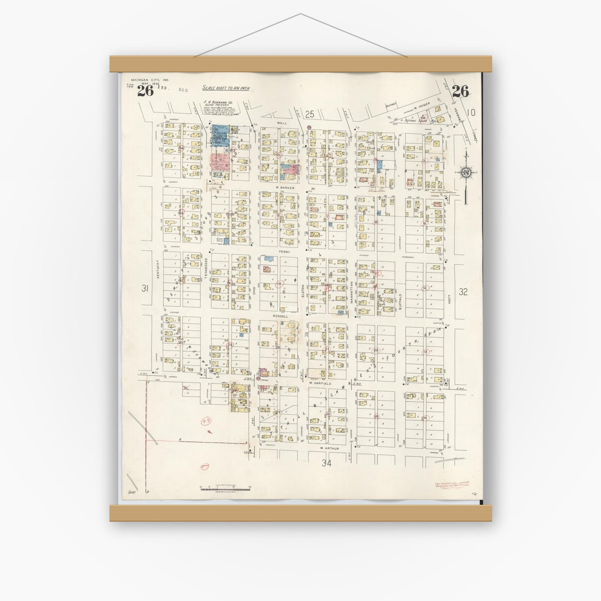 Old map wall art mockup — magnetic wood frame on white wall — Sanborn Fire Insurance Map from Michigan City, La Porte County, Indiana (1948), Sheet #0026