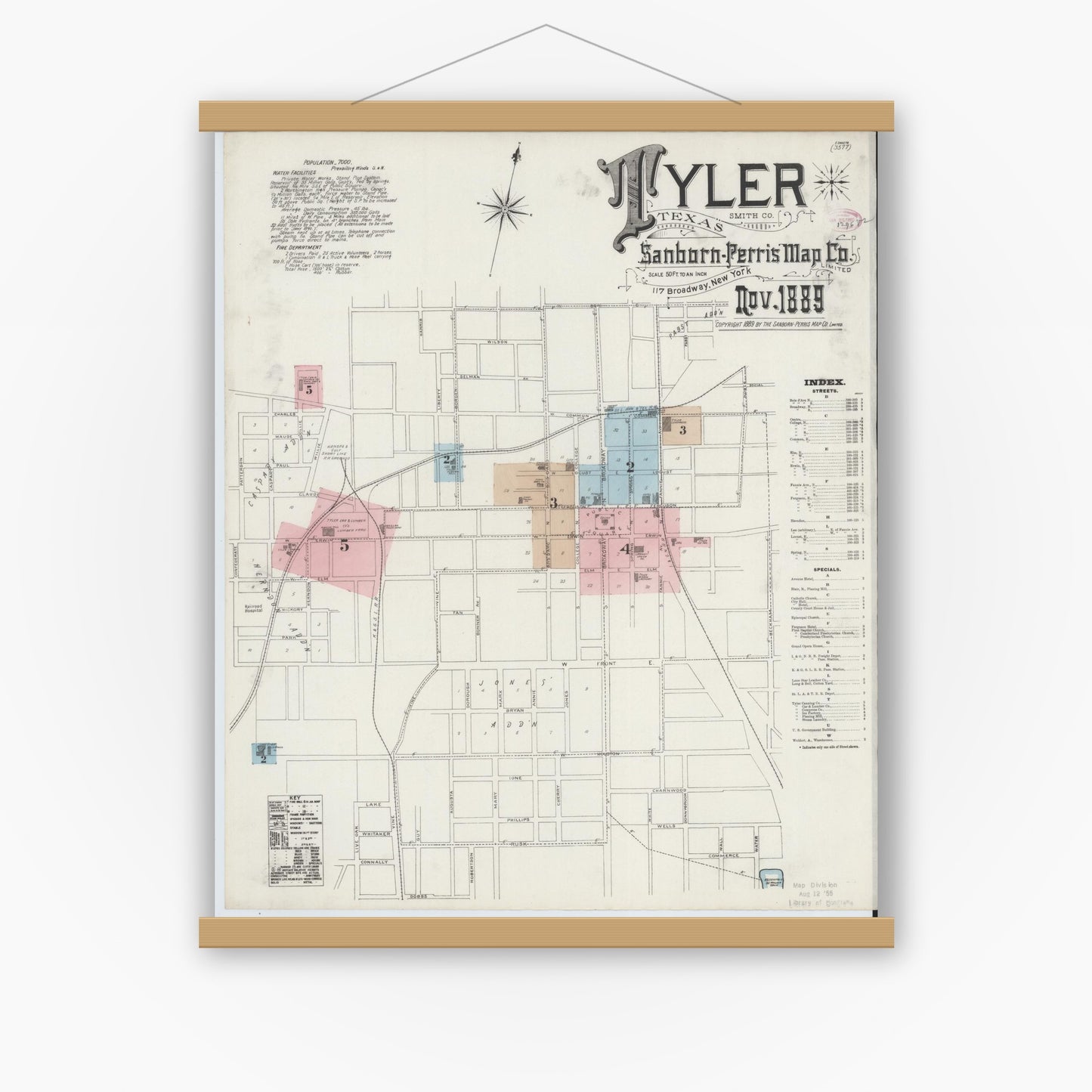 Old map wall art mockup — magnetic wood frame on white wall — Sanborn Fire Insurance Map from Tyler, Smith County, Texas (1889) - Complete Map Set