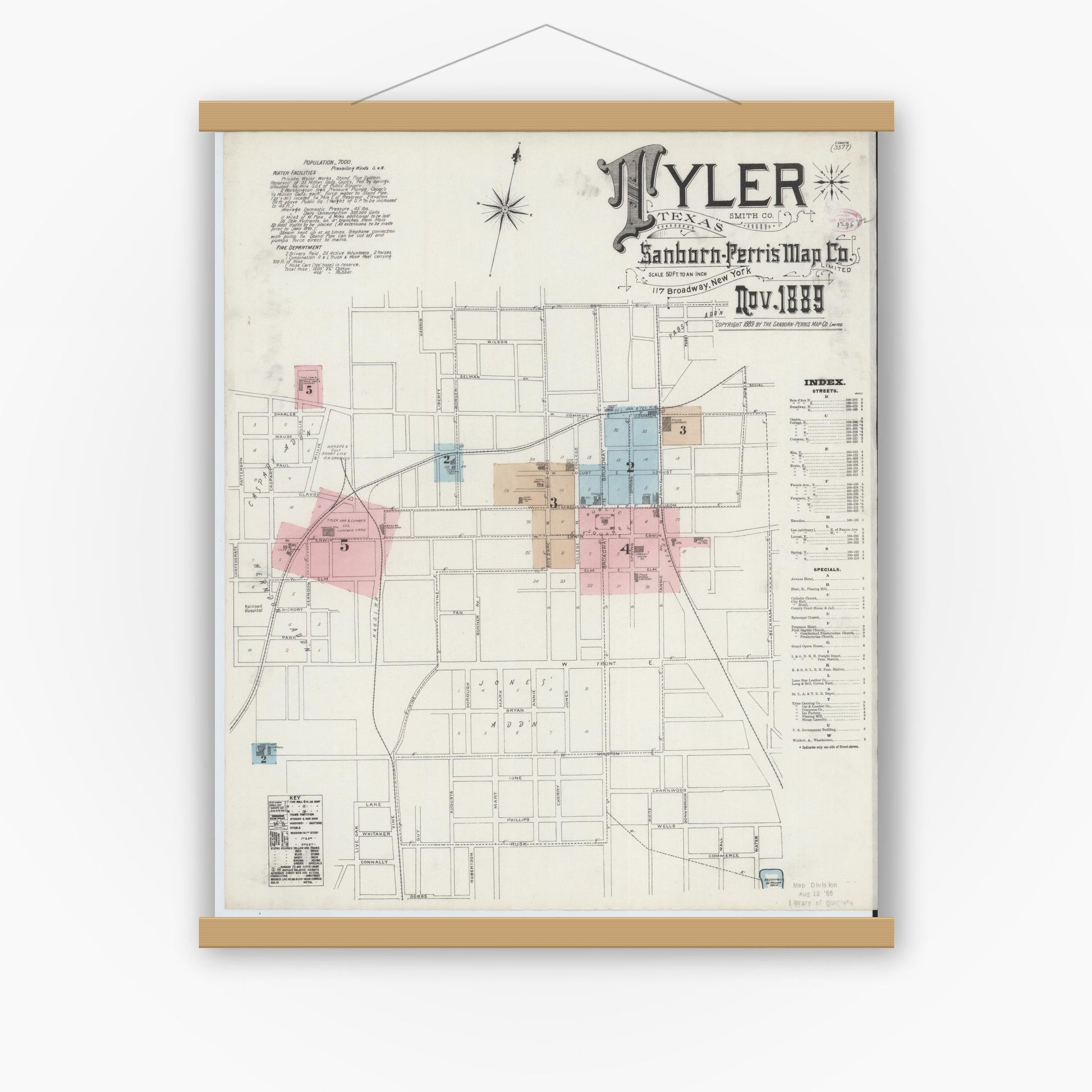 Old map wall art mockup — magnetic wood frame on white wall — Sanborn Fire Insurance Map from Tyler, Smith County, Texas (1889) - Complete Map Set