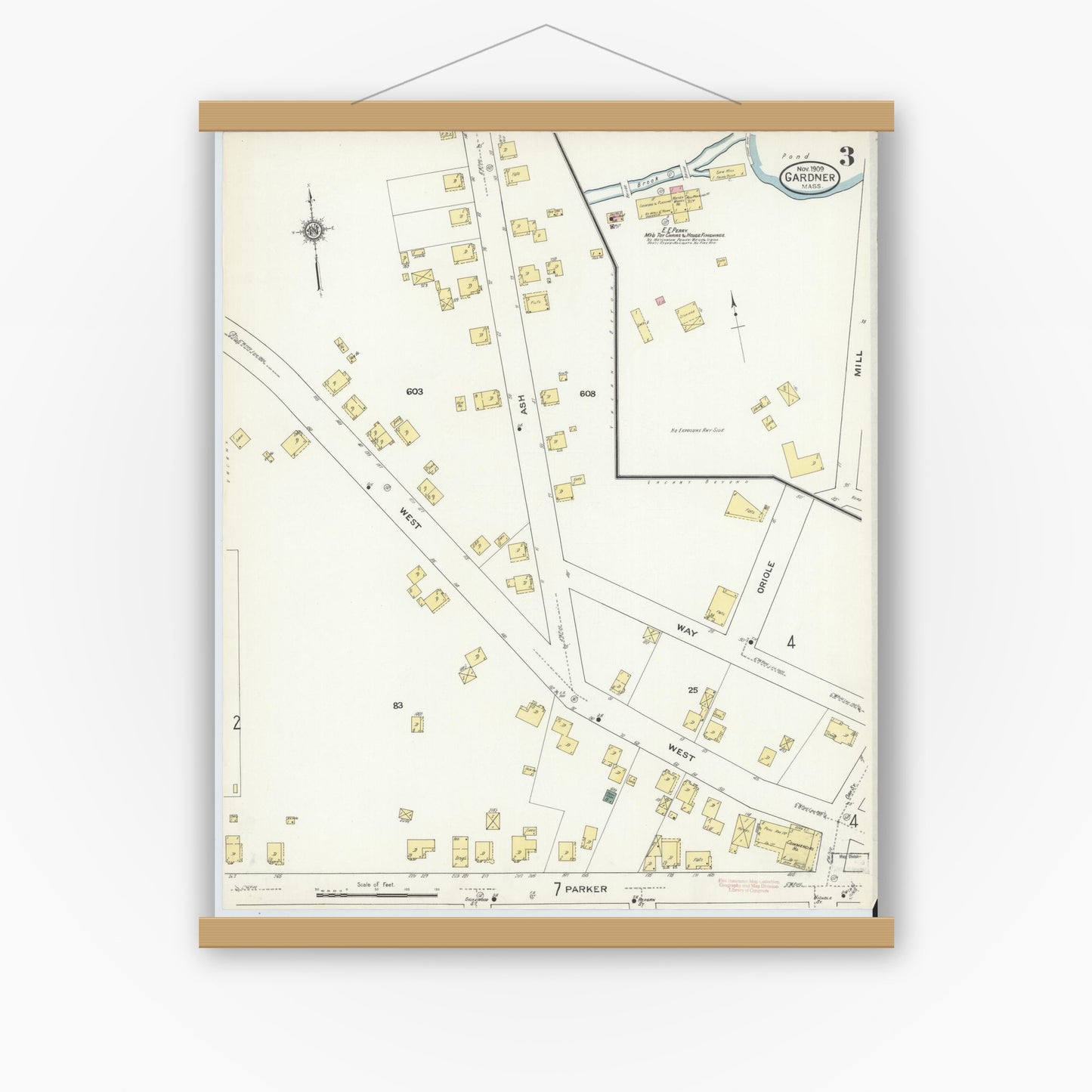 Old map wall art mockup — magnetic wood frame on white wall — Sanborn Fire Insurance Map from Gardner, Worcester County, Massachusetts (1909), Sheet #0003