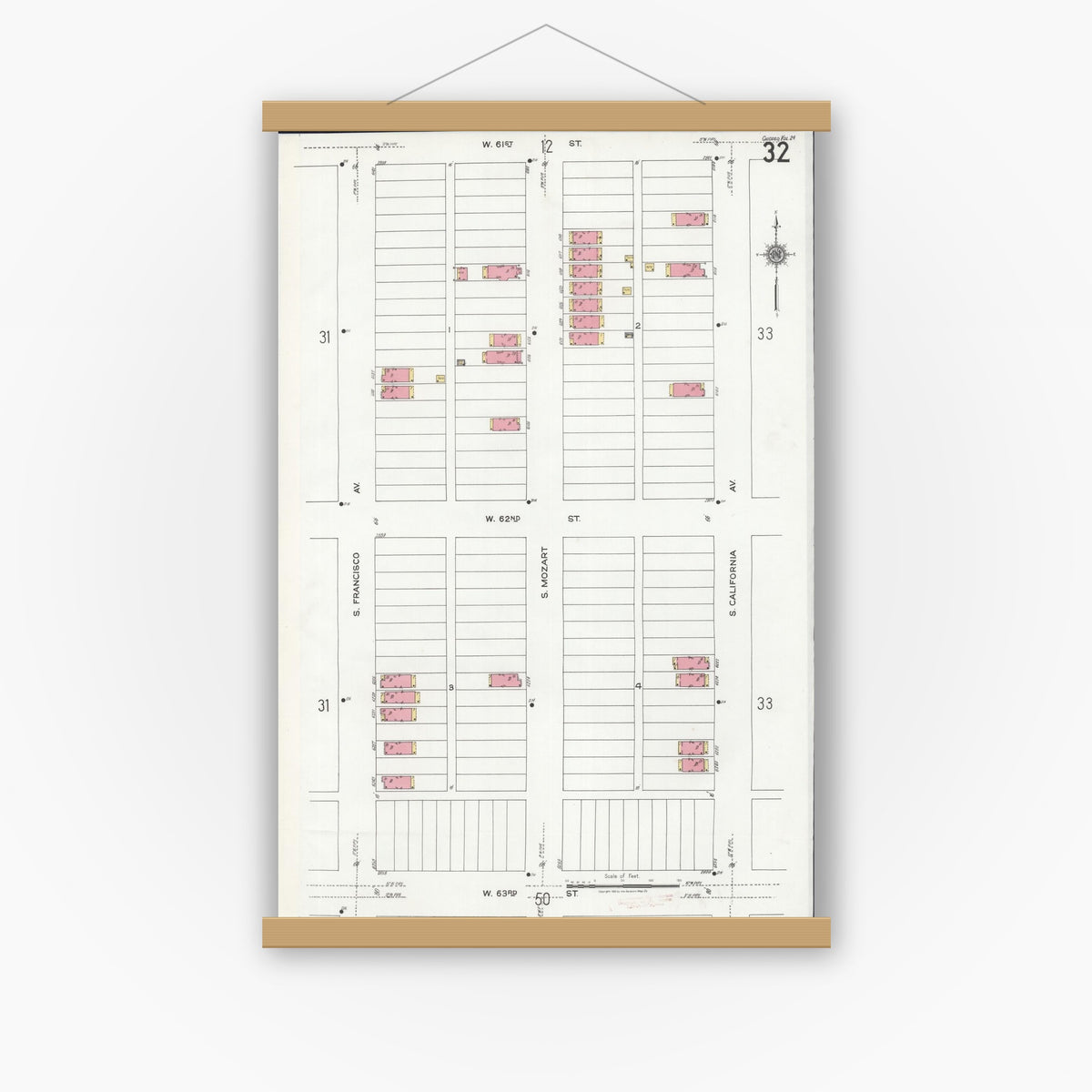 Old map wall art mockup — magnetic wood frame on white wall — Sanborn Fire Insurance Map from Chicago, Cook County, Illinois (1920), Sheet #0032