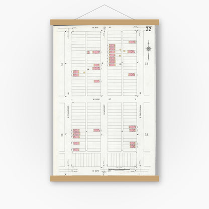 Old map wall art mockup — magnetic wood frame on white wall — Sanborn Fire Insurance Map from Chicago, Cook County, Illinois (1920), Sheet #0032