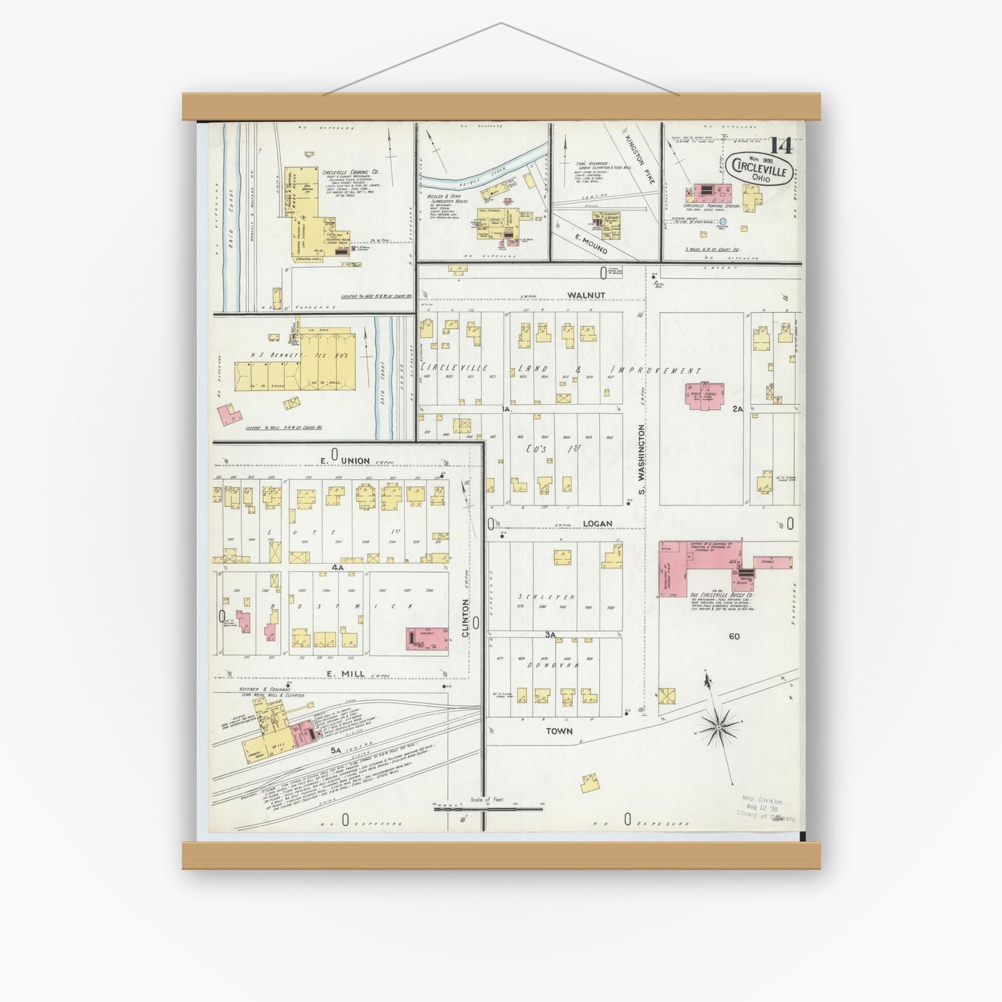 Old map wall art mockup — magnetic wood frame on white wall — Sanborn Fire Insurance Map from Circleville, Pickaway County, Ohio (1899), Sheet #0014