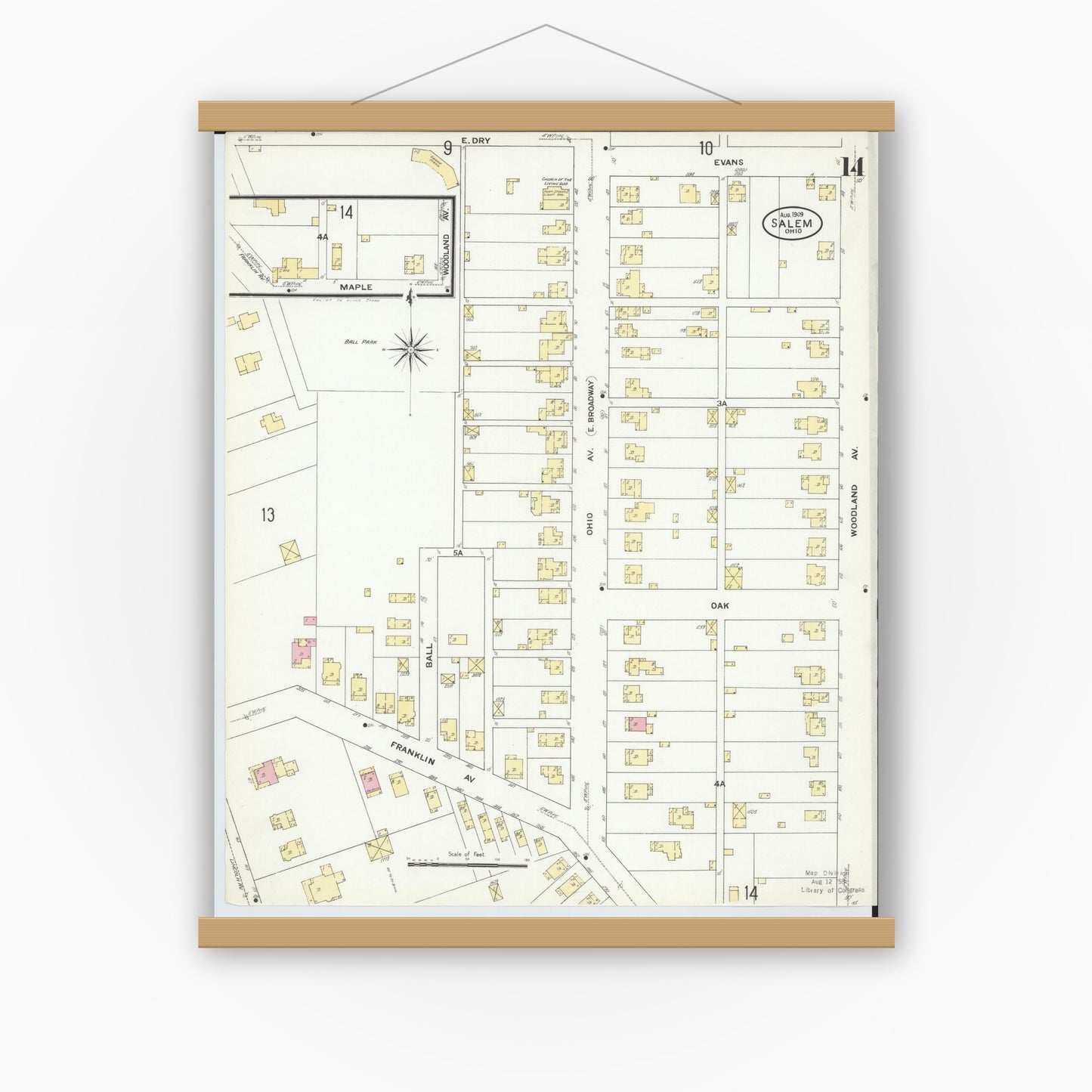 Old map wall art mockup — magnetic wood frame on white wall — Sanborn Fire Insurance Map from Salem, Columbiana County, Ohio (1909), Sheet #0014