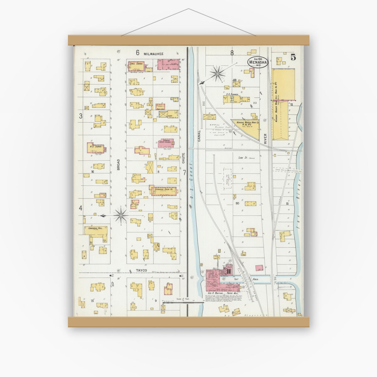 Old map wall art mockup — magnetic wood frame on white wall — Sanborn Fire Insurance Map from Menasha, Winnebago County, Wisconsin (1900), Sheet #0005