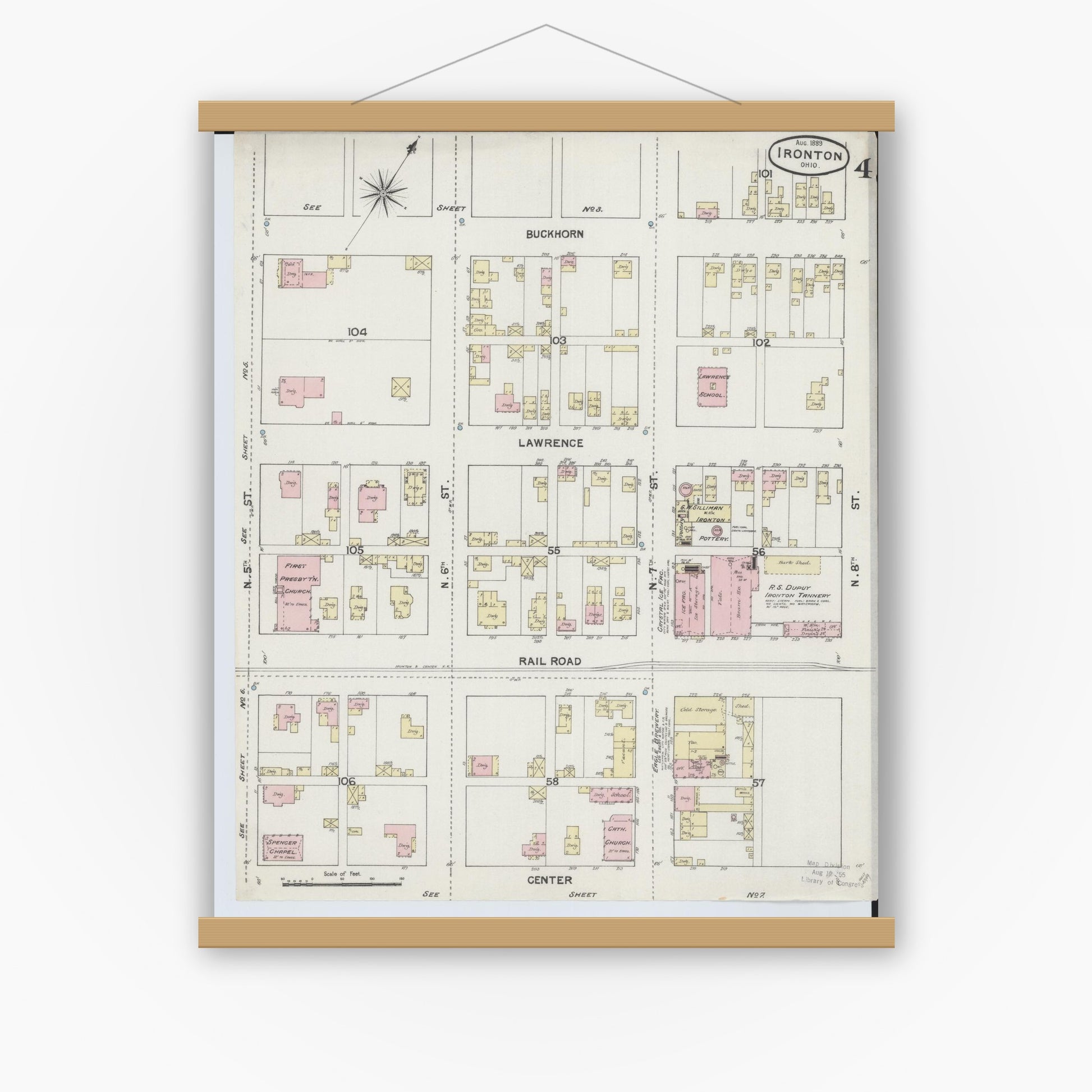 Old map wall art mockup — magnetic wood frame on white wall — Sanborn Fire Insurance Map from Ironton, Lawrence County, Ohio (1889), Sheet #0004
