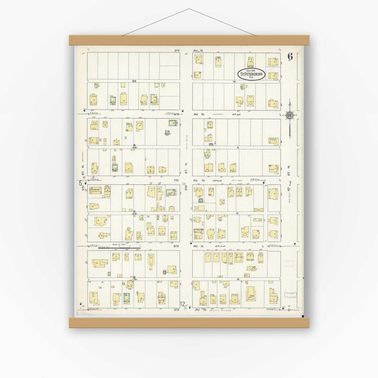 Old map wall art mockup — magnetic wood frame on white wall — Sanborn Fire Insurance Map from Saint Petersburg, Pinellas County, Florida (1913), Sheet #0006