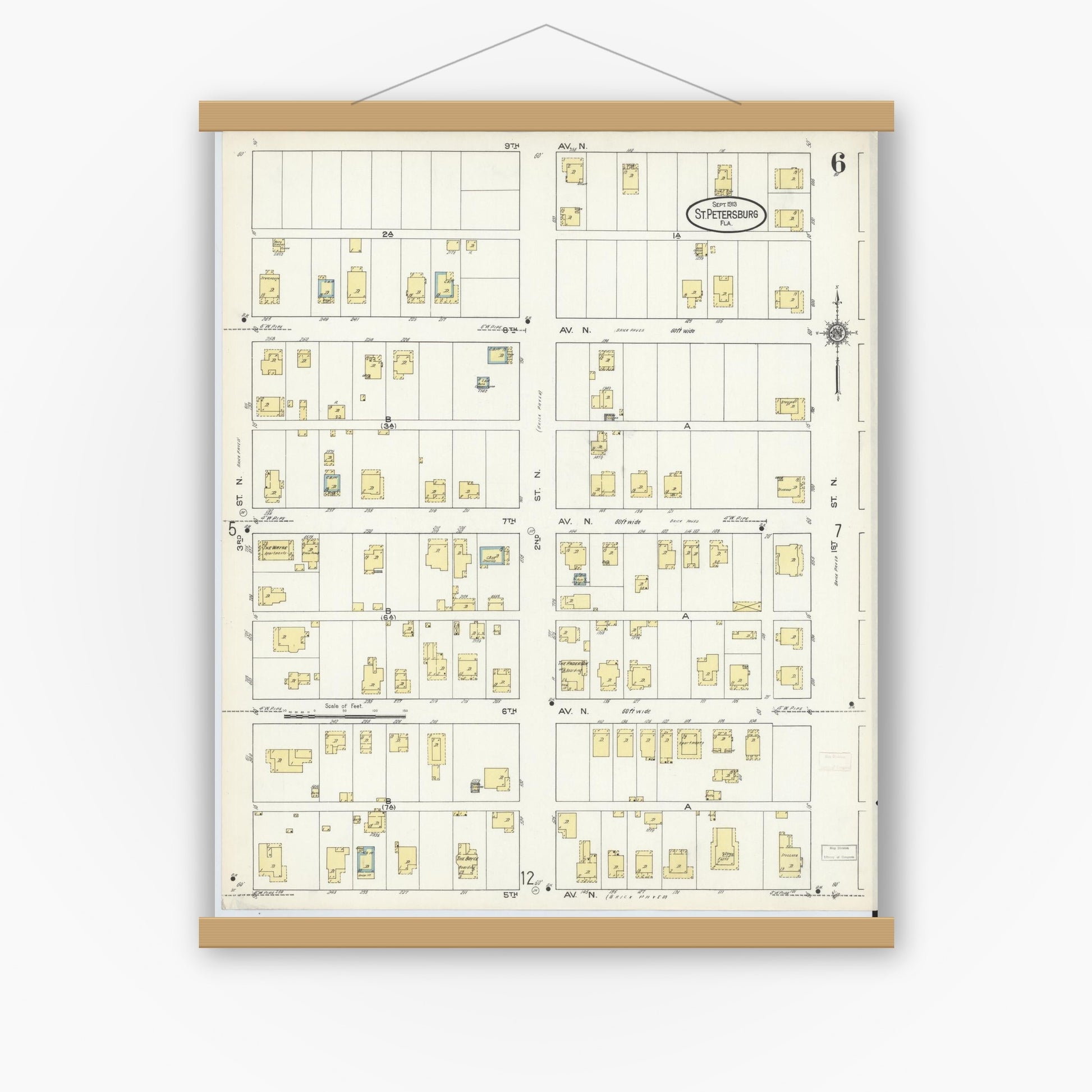 Old map wall art mockup — magnetic wood frame on white wall — Sanborn Fire Insurance Map from Saint Petersburg, Pinellas County, Florida (1913), Sheet #0006