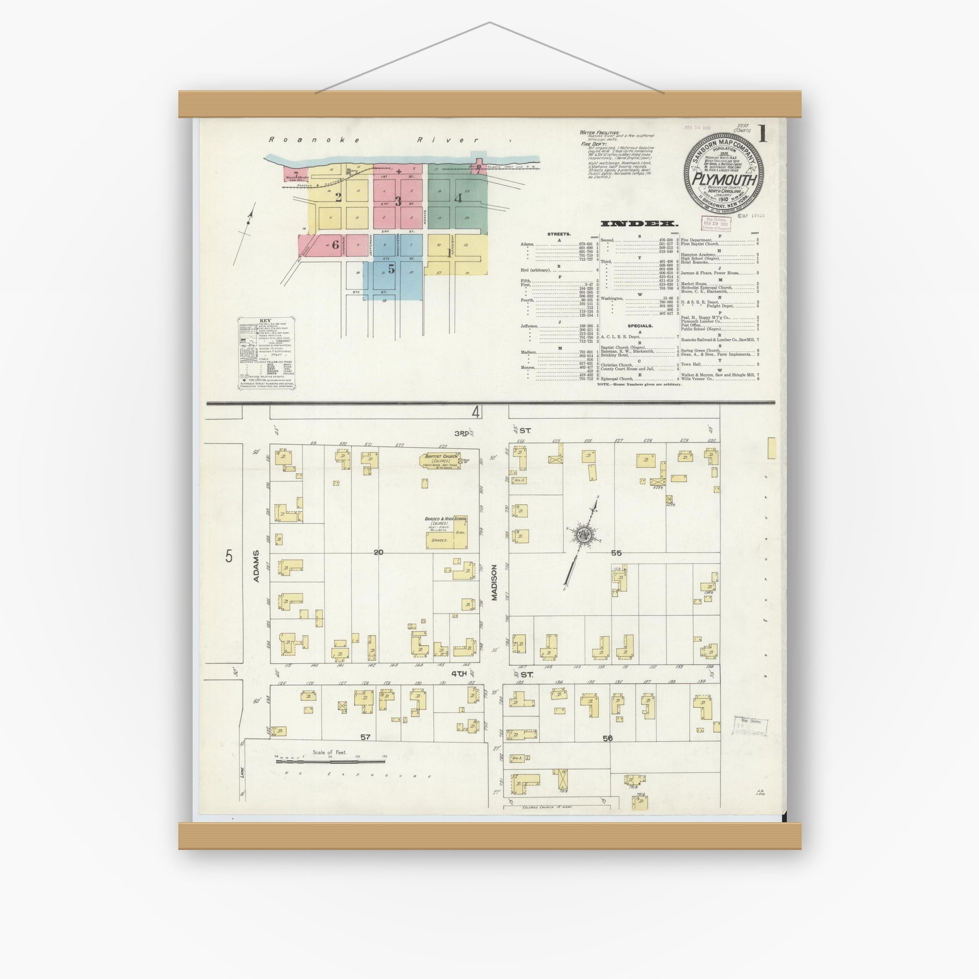 Old map wall art mockup — magnetic wood frame on white wall — Sanborn Fire Insurance Map from Plymouth, Washington County, North Carolina (1910) - Complete Map Set
