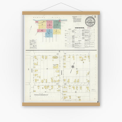 Old map wall art mockup — magnetic wood frame on white wall — Sanborn Fire Insurance Map from Plymouth, Washington County, North Carolina (1910) - Complete Map Set