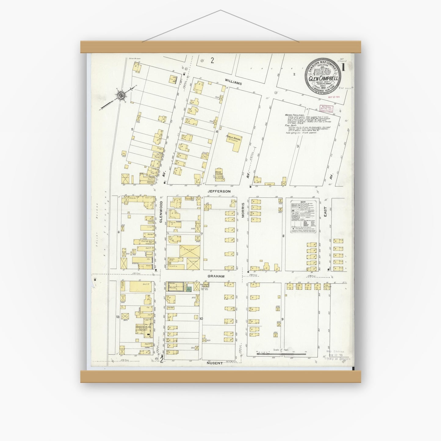 Old map wall art mockup — magnetic wood frame on white wall — Sanborn Fire Insurance Map from Glen Campbell, Indiana County, Pennsylvania (1910) - Complete Map Set