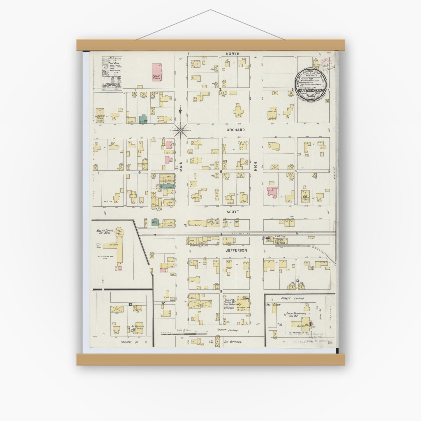 Old map wall art mockup — magnetic wood frame on white wall — Sanborn Fire Insurance Map from West Manchester, Preble County, Ohio (1895), Sheet #0001
