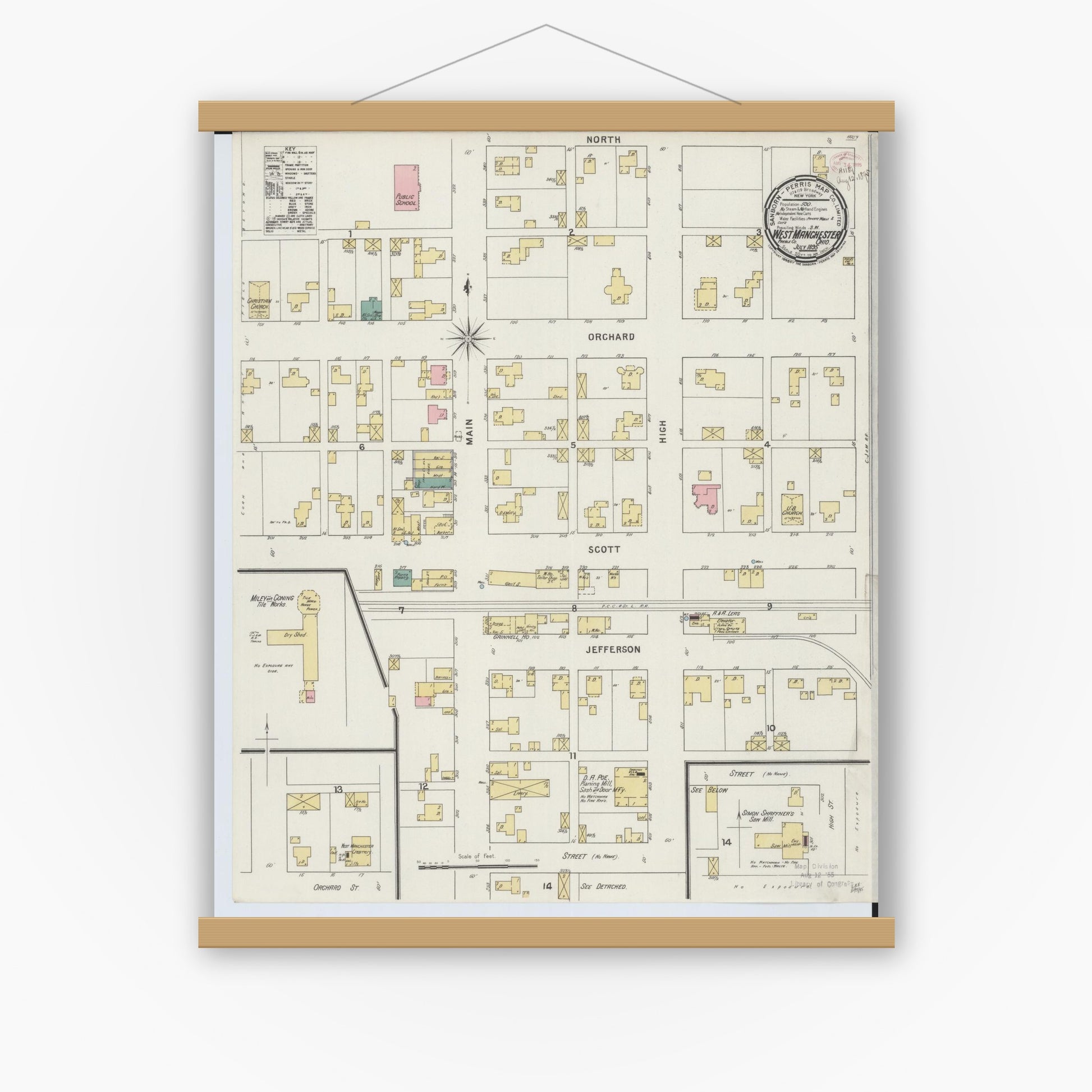 Old map wall art mockup — magnetic wood frame on white wall — Sanborn Fire Insurance Map from West Manchester, Preble County, Ohio (1895), Sheet #0001