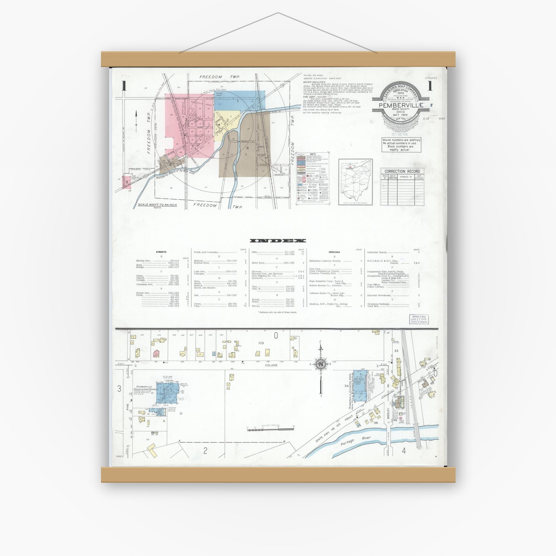 Old map wall art mockup — magnetic wood frame on white wall — Sanborn Fire Insurance Map from Pemberville, Wood County, Ohio (1948), Sheet #0001