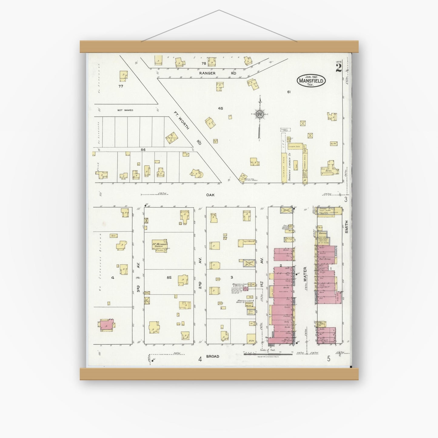 Old map wall art mockup — magnetic wood frame on white wall — Sanborn Fire Insurance Map from Mansfield, Tarrant County, Texas (1921), Sheet #0002