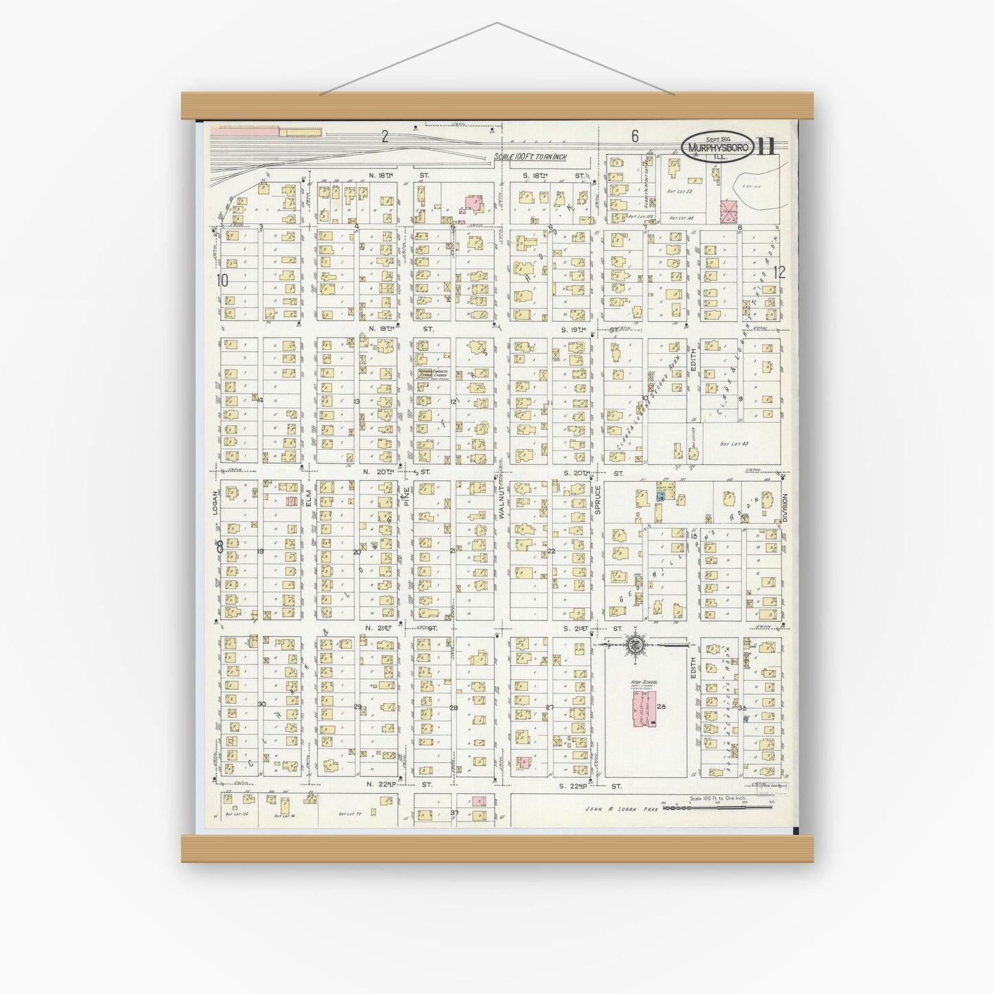 Old map wall art mockup — magnetic wood frame on white wall — Sanborn Fire Insurance Map from Murphysboro, Jackson County, Illinois (1914), Sheet #0011