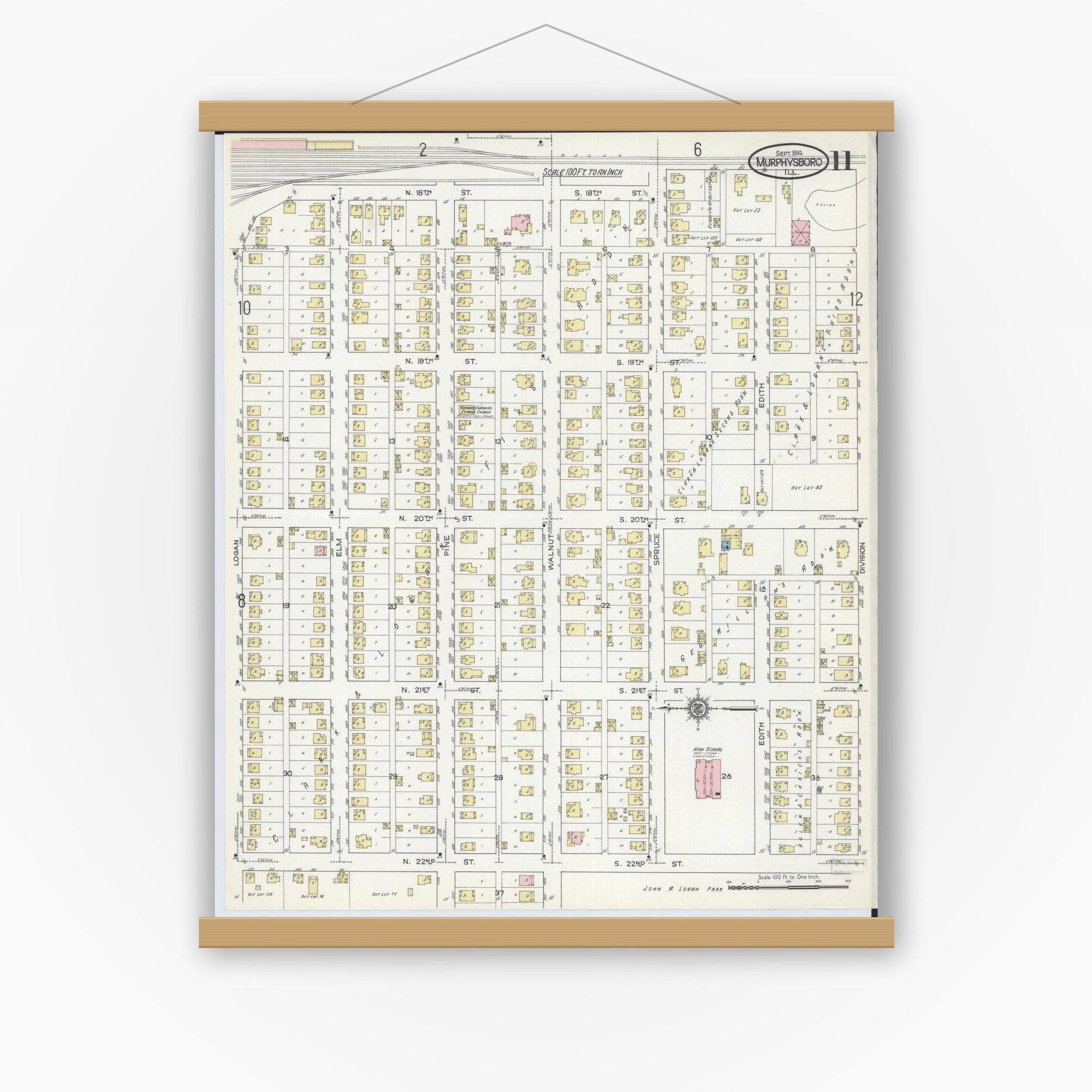 Old map wall art mockup — magnetic wood frame on white wall — Sanborn Fire Insurance Map from Murphysboro, Jackson County, Illinois (1914), Sheet #0011