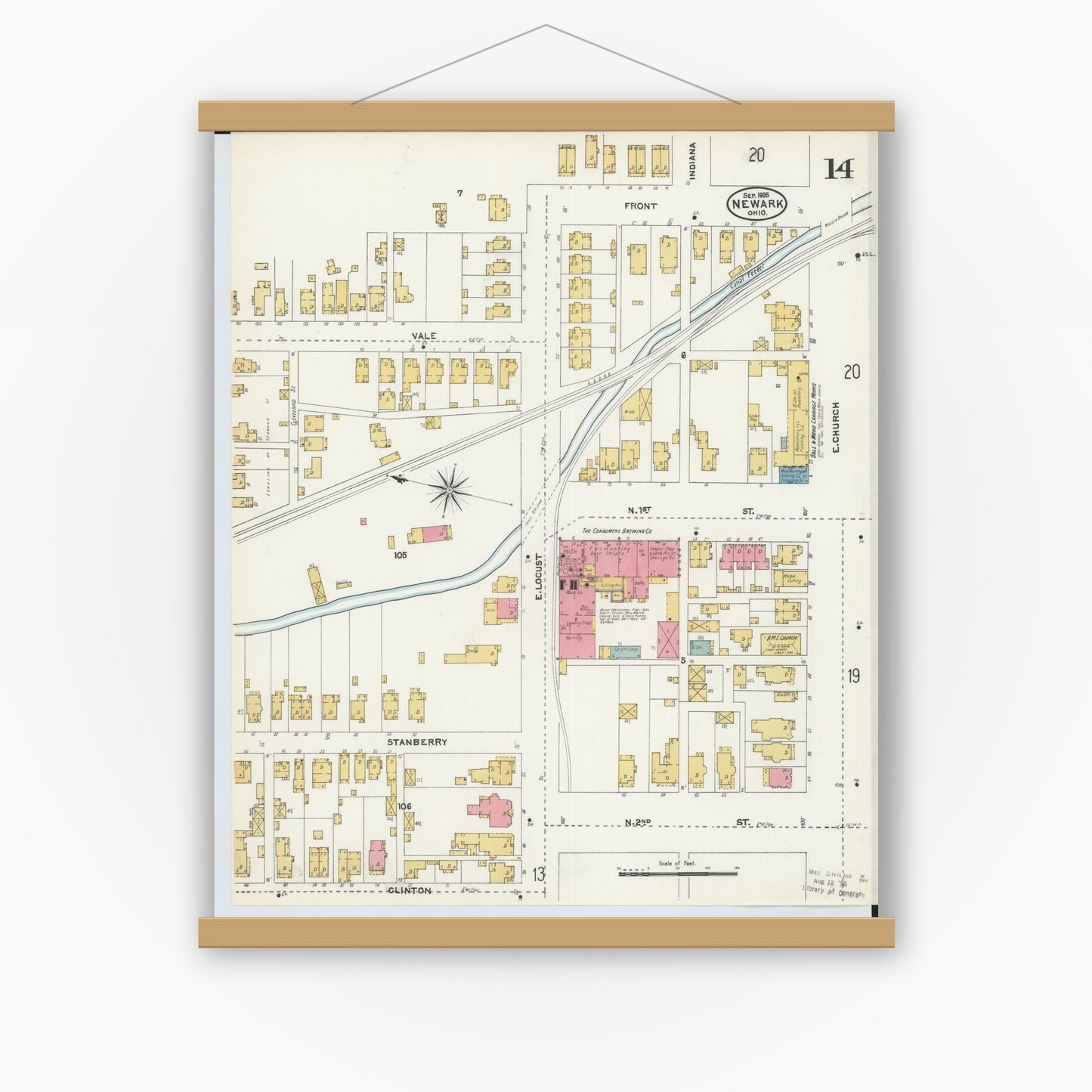 Old map wall art mockup — magnetic wood frame on white wall — Sanborn Fire Insurance Map from Newark, Licking County, Ohio (1905), Sheet #0014